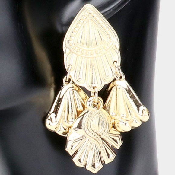 Gold Dangle Earrings 2.5" Abstract Metal Drop Statement Jewelry - Picture 2 of 2